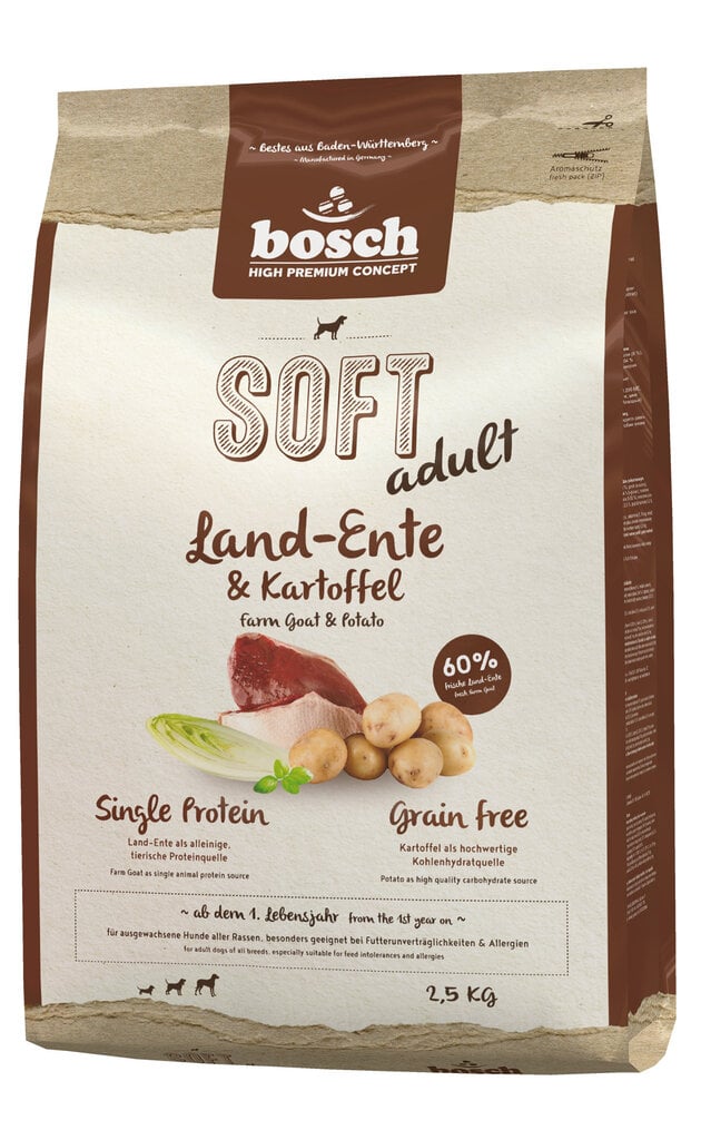 Koiran kuivaruoka Bosch HPC Soft + Farm Duck viljaton (yksi proteiini) 2,5 kg hinta ja tiedot | Koiran kuivaruoka | hobbyhall.fi