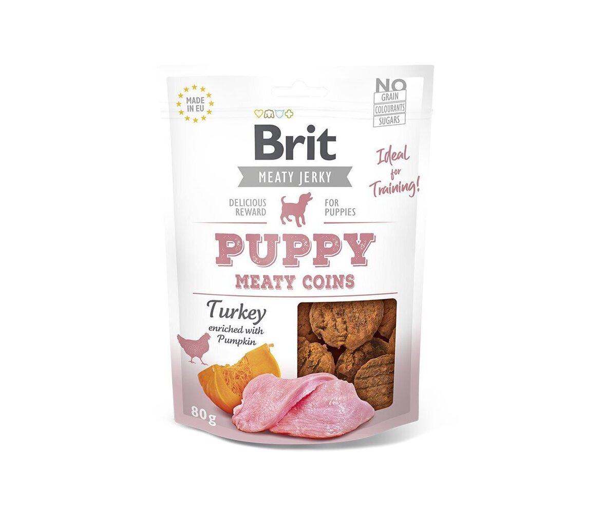 Brit Jerky Puppy Turkey Meaty Coins herkku pennuille 80g hinta ja tiedot | Koiran herkut | hobbyhall.fi