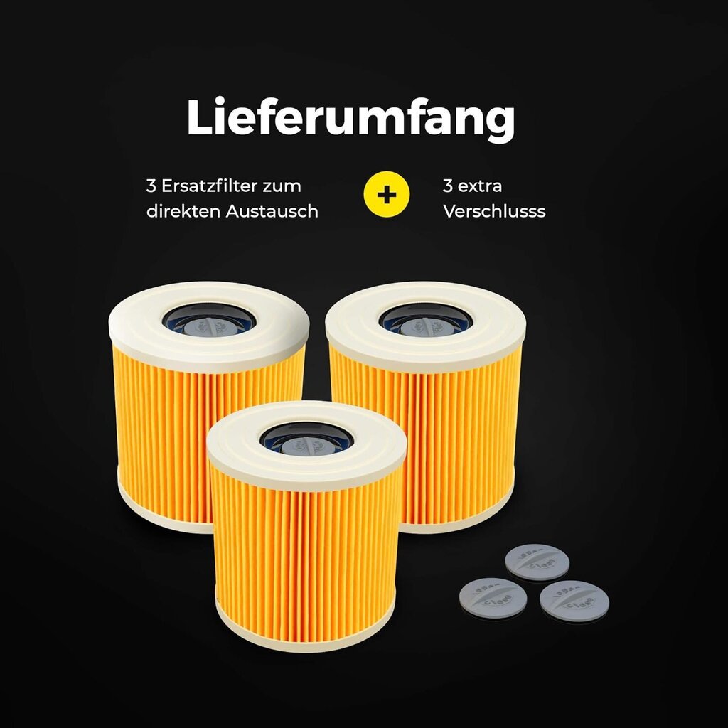 Sarja 3 patruunasuodatinta ja 3 lisätiivisteruuvia Kächer WD3 Premium WD2 WD3 WD 3 MV3 WD 3 P pölynimuriin hinta ja tiedot | Käsityökalut | hobbyhall.fi