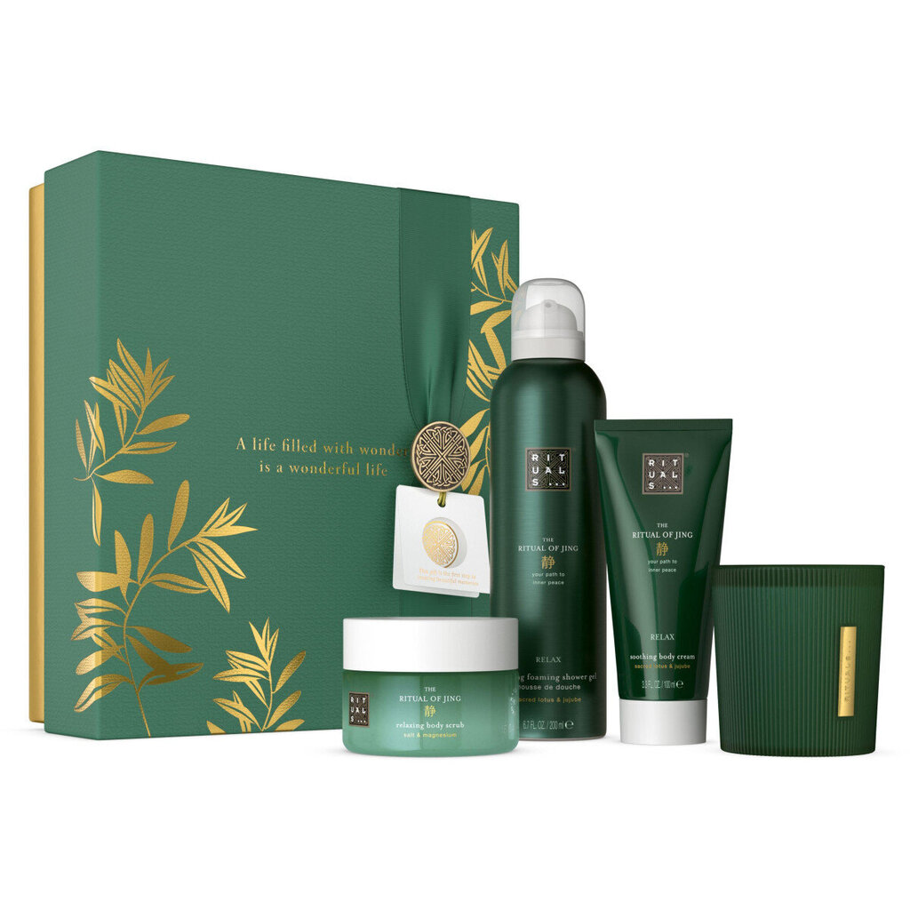 Kosmetiikkasetti Rituals the Ritual of Jing Gift Set-M: vartalovoide, 100 ml + suihkugeeli, 200 ml + 2-in-1 suihkugeeli, 200 ml + hajustettu vesi EDP, 15 ml hinta ja tiedot | Vartalovoiteet ja -emulsiot | hobbyhall.fi