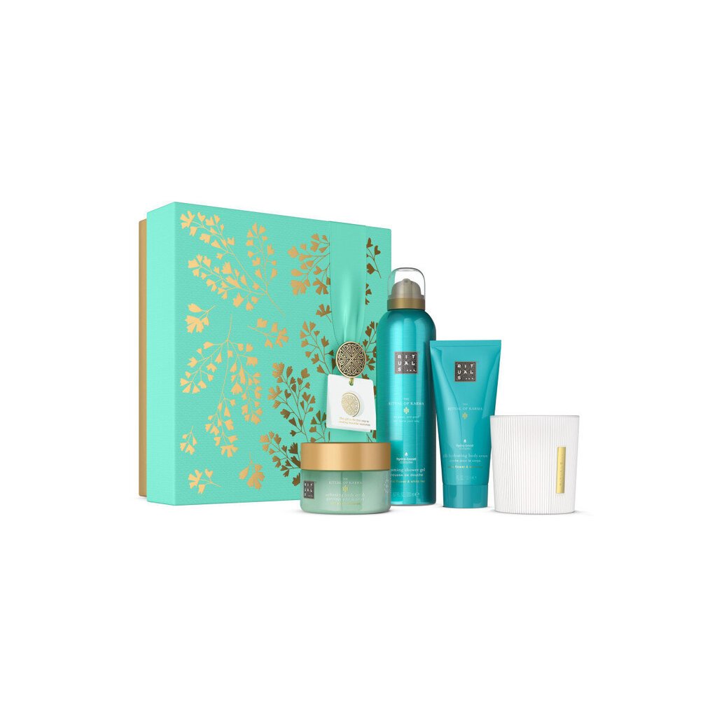 Kosmetiikkasetti Rituals the Ritual of Karma Gift Set-M: vartalovoide, 100 ml + tuoksukynttilä, 140 g + vartalokuorinta, 125 g + suihkugeeli, 200 ml hinta ja tiedot | Vartalovoiteet ja -emulsiot | hobbyhall.fi