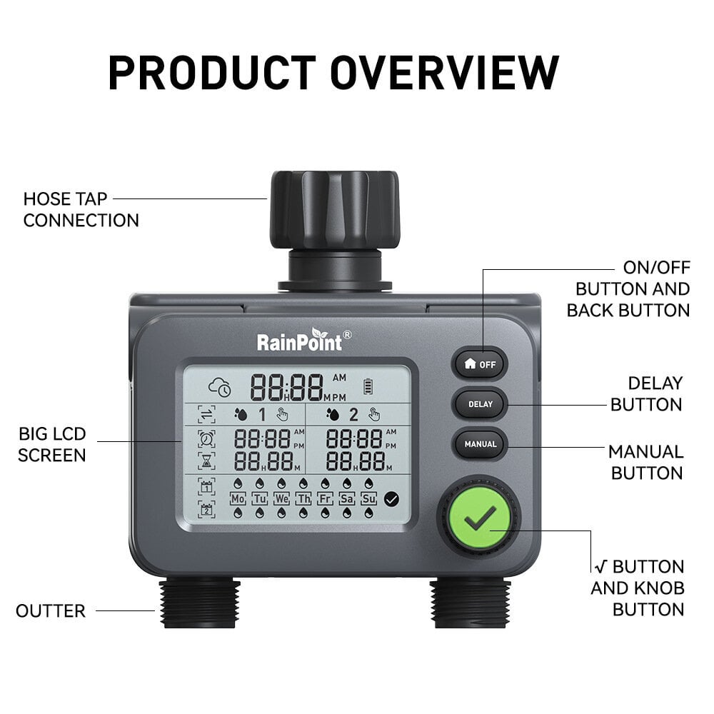 RAINPOINT-kastelutietokone 2 ulostuloa tulo- ja poistoaukolla, ohjelmoitava puutarhaajastin sadeviiveellä, vedenpitävä automaattinen digitaalinen kastelujärjestelmä hinta ja tiedot | Puutarhaletkut, kastelukannut ja muut kastelutarvikkeet | hobbyhall.fi