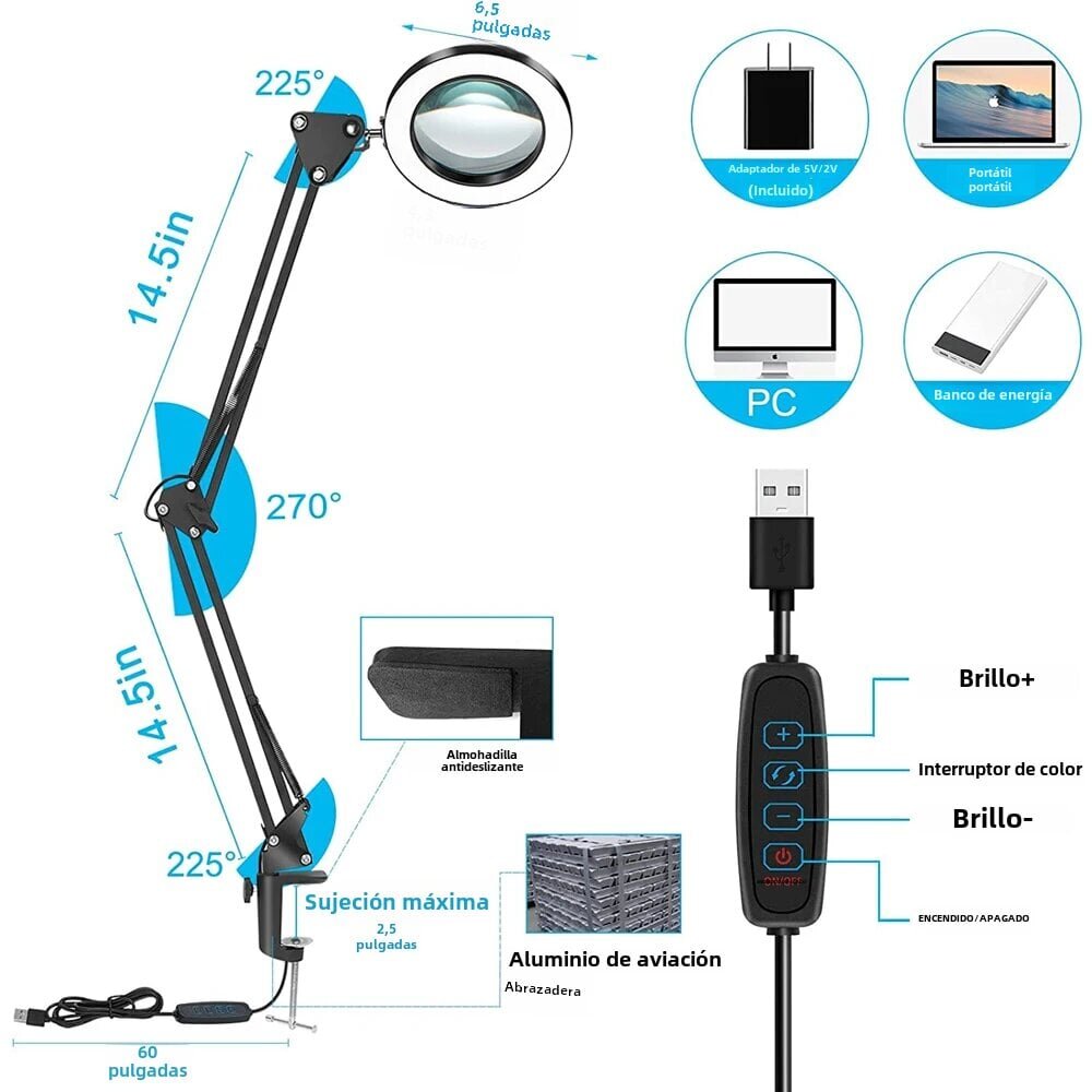 2 in 1 LED-suurennuslasi valolla, pöytälamppu 3 väritilalla, himmennettävä, portaaton, hands-free, 5X valkoinen jalustalla hinta ja tiedot | Pöytävalaisimet | hobbyhall.fi