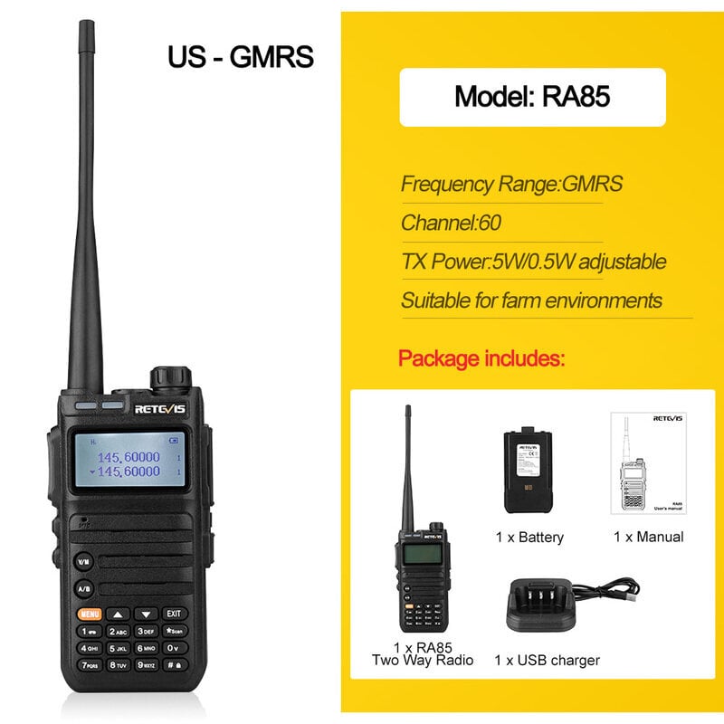 (RA85 GMRS)Retevis RA685 Walkie Talkie Ham Kaksisuuntaiset radioasemat Pitkän kantaman radiopuhelimet Ammattimaiset UHF VHF USB Type C -laturi 5W CHIRP hinta ja tiedot | Kelloradiot ja herätyskellot | hobbyhall.fi