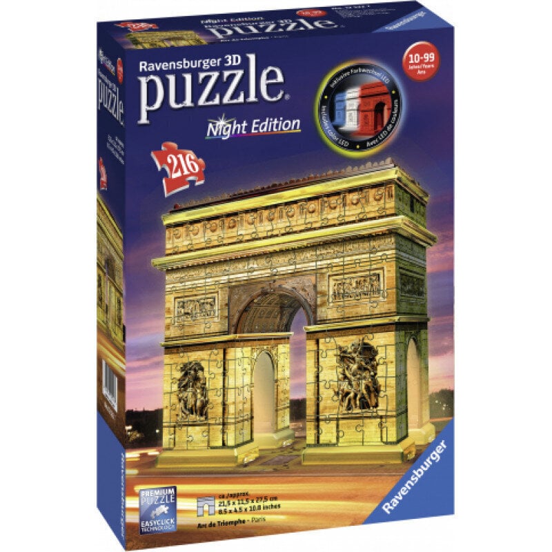 Ravensburger 3D hohtava pimeässä palapeli Riemukaari 216 kpl hinta ja tiedot | Palapelit | hobbyhall.fi