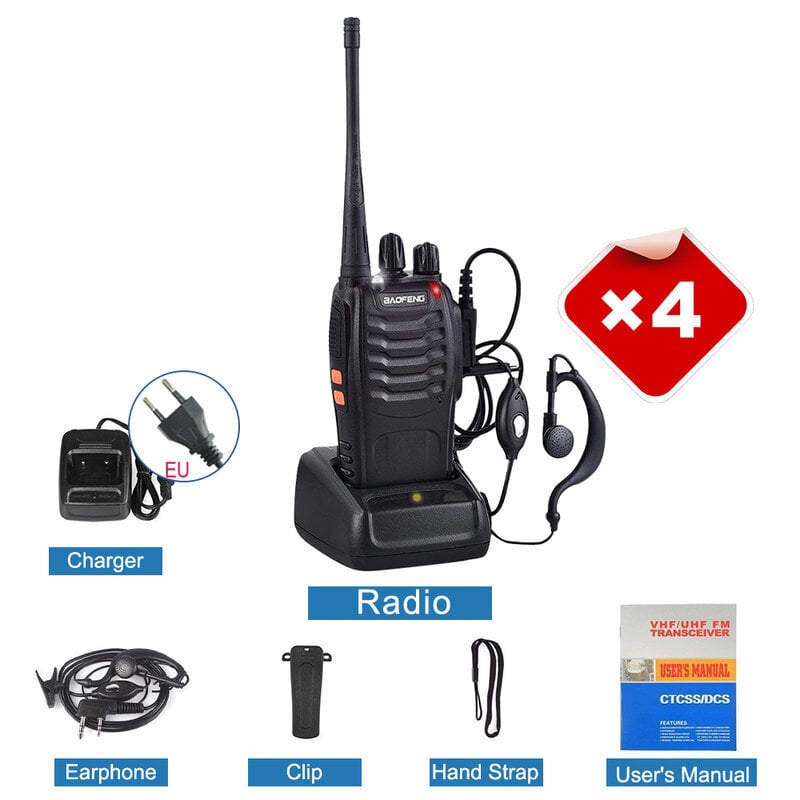 (EU 4 Pack Headsets)Baofeng BF888S Radiopuhelin Alkuperäinen 5W BF-888S 5KM UHF 400-470MHZ Lähetin-vastaanotin Kannettava Kaksisuuntainen Radio BF 888S Intercom hinta ja tiedot | Kelloradiot ja herätyskellot | hobbyhall.fi