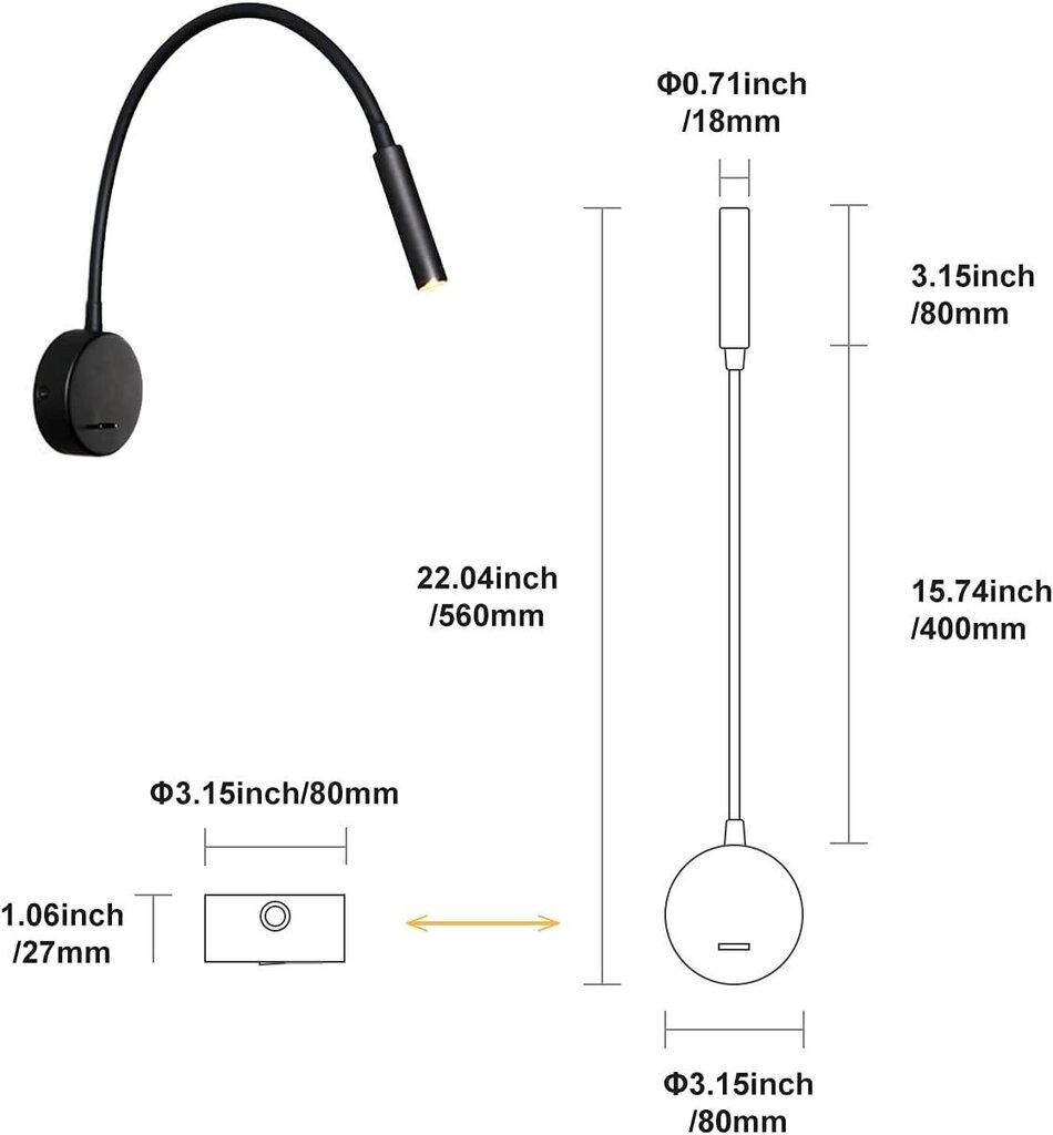 Musta lukuvalo, 3W 3000K LED Joustava Hanhenkaula-lamppu seinään kiinnitettävä lukuvalo 240V kytkimellä makuuhuoneisiin Olohuone Sisä-olohuone hinta ja tiedot | Pöytävalaisimet | hobbyhall.fi