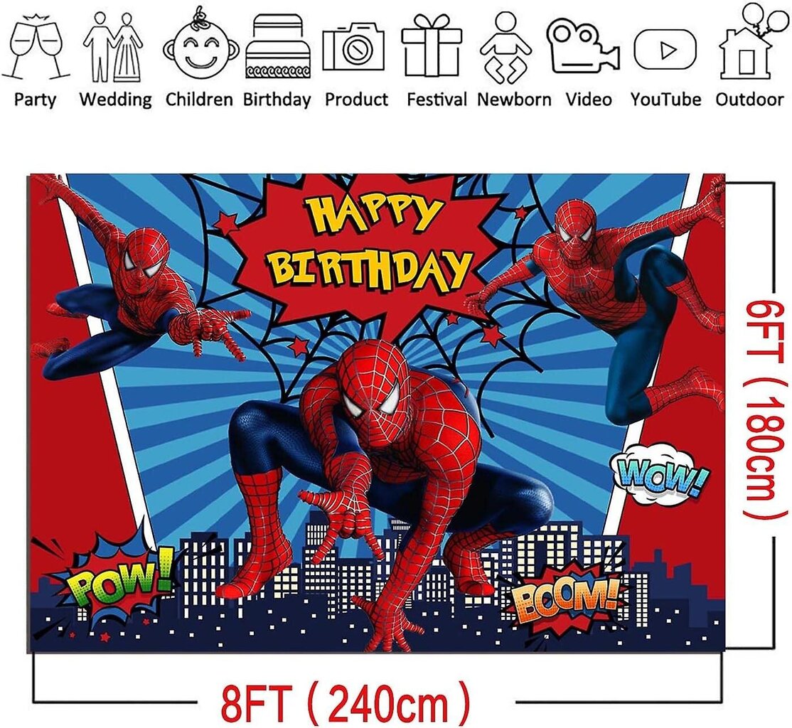 8x6ft Spiderman-valokuvaus taustat Supersankarikaupunki-teema valokuva-tausta Lapset Hyvää syntymäpäivää Spiderman-juhlakoristelu kakkupöytäbanneritarvikkeet hinta ja tiedot | Hauskat juhlapelit ja -tuotteet | hobbyhall.fi