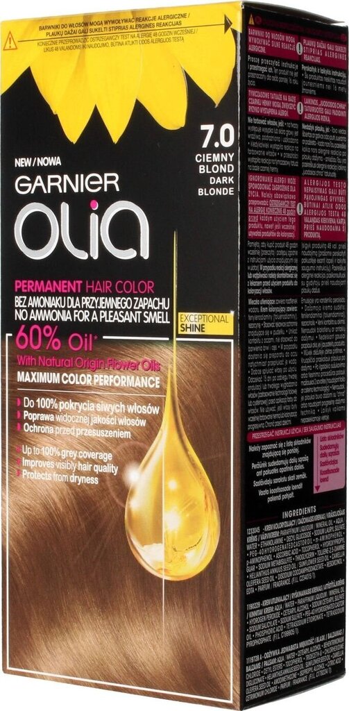 Öljypohjainen pitkäaikainen ammoniakiton hiusväri Garnier Olia 7.0 Dark Blonde hinta ja tiedot | Hiusvärit | hobbyhall.fi