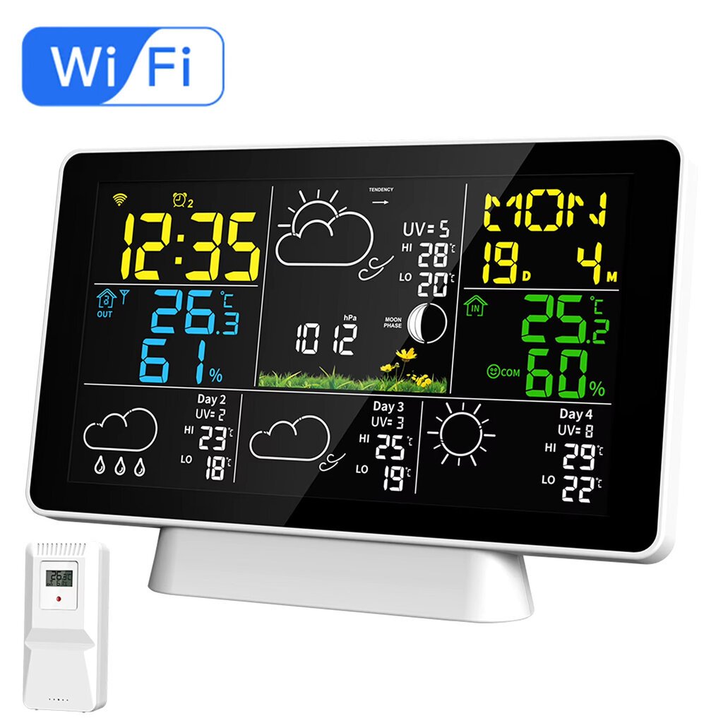 WiFi-värinäyttö Älykäs sääasema lämpötila- ja kosteusmittarin sääkello ja neljän päivän sääennuste hinta ja tiedot | Sääasemat, lämpö- ja kosteusmittarit | hobbyhall.fi