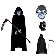 Halloween -puku, Grim Reaper Halloween -setti kuoleman viikatteella, luurankonaamio ja luurankokäsineet, musta hupullinen Cape Unisex Halloween -pukukarnevaali hinta ja tiedot | Naamiaisasut | hobbyhall.fi