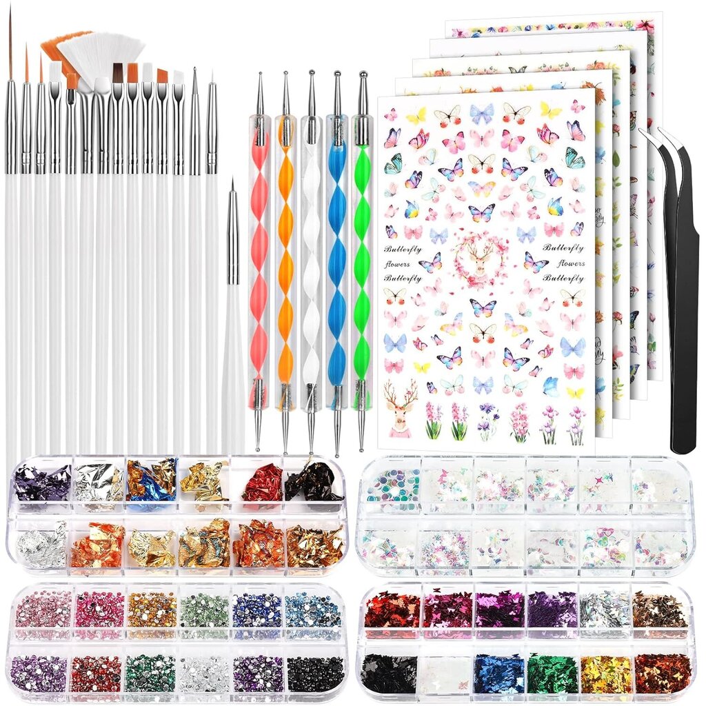 Omo Nail Art Kit, siveltimet, pistelytyökalut, butterfly-nailart-paljerit, irisoivat hiutaleet, strassit kynsien suunnitteluun, valkoinen hinta ja tiedot | Kauneudenhoitotarvikkeet | hobbyhall.fi