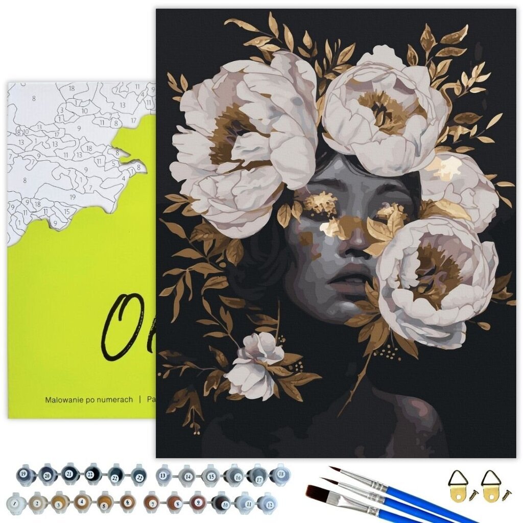 Maalaa numeroiden mukaan kultaisella hohtavalla maalilla MUSTALLE KANKAALLE, kehystettynä Oh Art!, Nainen ja kukat "Delicate peonies in gold" 40x50 cm hinta ja tiedot | Maalaa numeroiden mukaan | hobbyhall.fi