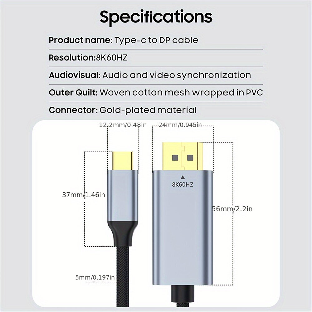 VOTHOON 8K/60Hz &amp; 4K/120Hz USB-C DisplayPort 1.4 Kaapeli - Thunderbolt 4/3, 32.4Gbps Letitetty Johto iPhone 15, MacBook, Dell, XPS. hinta ja tiedot | Kaapelit ja adapterit | hobbyhall.fi