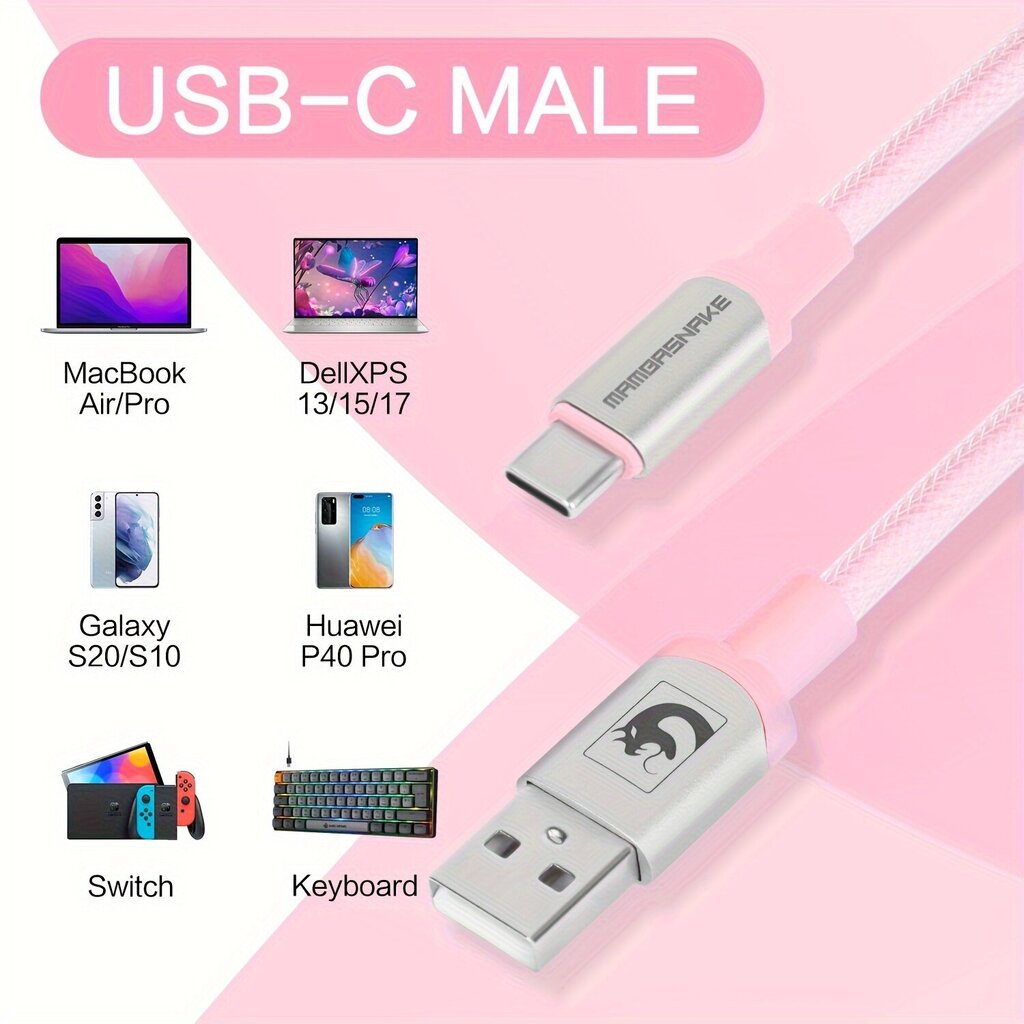 LexonElec Spiraali USB C - USB A Pelikaapeli - Irrotettava Metalli Liitin, Punoskuitu Näppäimistöille/Tableteille/Älypuhelimille, Vaaleanpunainen hinta ja tiedot | Kaapelit ja adapterit | hobbyhall.fi