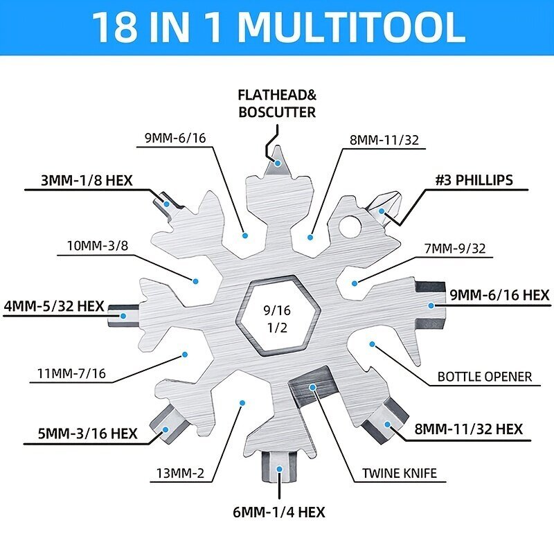 18-in-1 Lumihiutale Monitoimityökalu, Ruostumaton Teräs Avaaja/Suorakulmainen Phillips Ruuvimeisseli/Silmukka Joulu Lahjat Miehille hinta ja tiedot | Käsityökalut | hobbyhall.fi