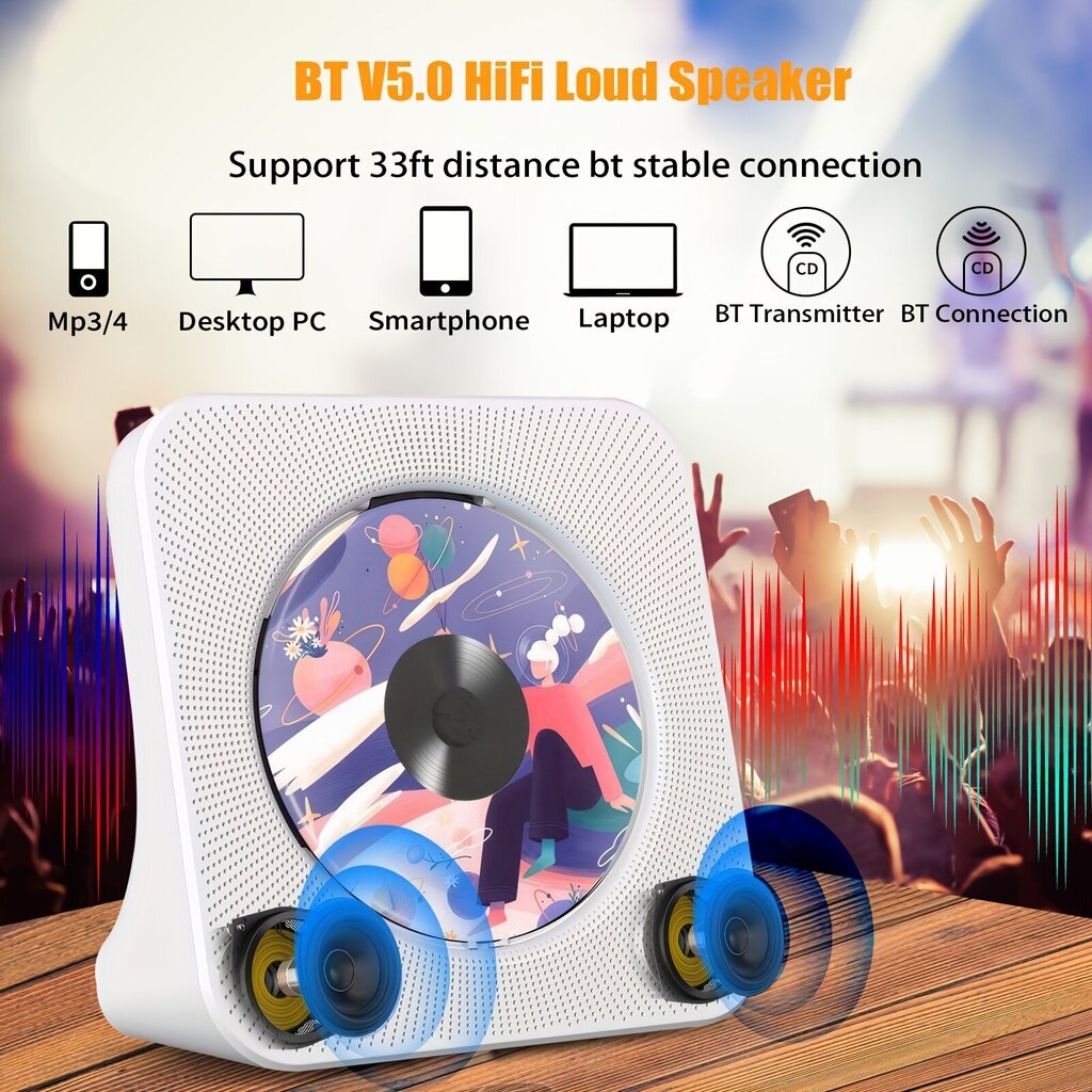 Kannettava CD-soitin BT5.0, HiFi, kaukosäädin, FM-radio. hinta ja tiedot | MP3-soittimet, MP4-soittimet | hobbyhall.fi