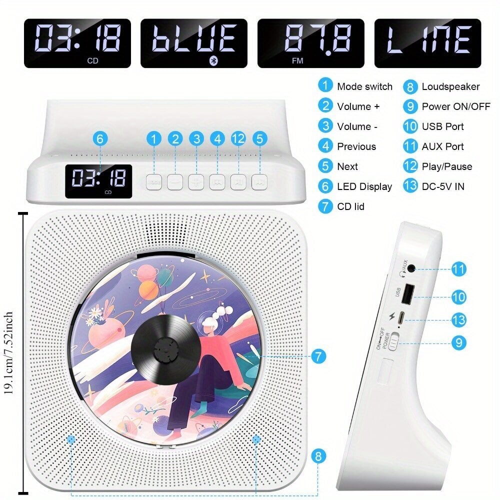 Kannettava CD-soitin BT5.0, HiFi, kaukosäädin, FM-radio. hinta ja tiedot | MP3-soittimet, MP4-soittimet | hobbyhall.fi