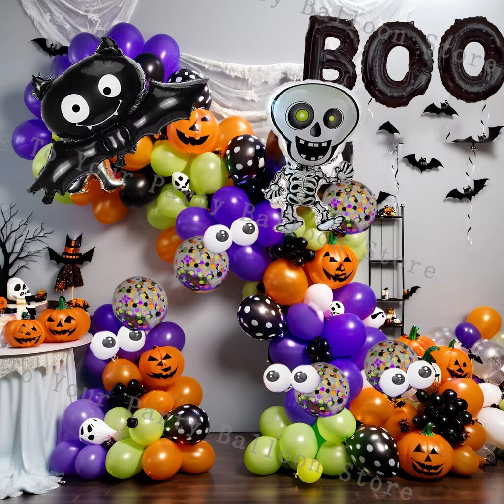 123 kpl Halloween Bat Balloon Garland Arch Kit Musta Oranssi Ilmapallo 3D Lepakko Hämähäkki Tarra Silmä Kurpitsa Halloween Juhlasisustustarvikkeet hinta ja tiedot | Ilmapallot | hobbyhall.fi