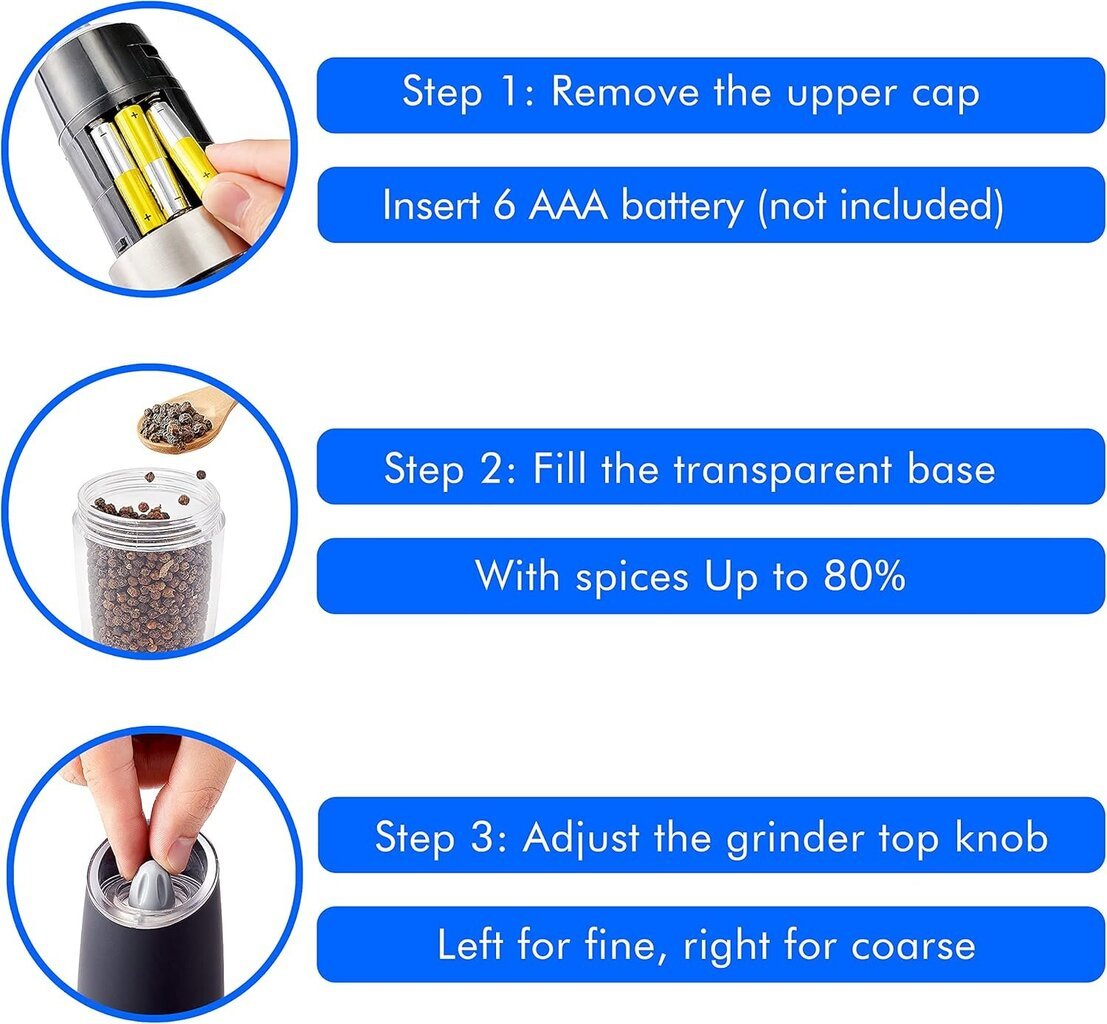 Automaattinen taikinakäyttöinen sähköinen painovoimainen suola- ja pippurimylly/myllysarja, ruostumaton teräs, säädettävä karkeus sinisellä LED-valolla, käyttö yhdellä kädellä hinta ja tiedot | Kahvimyllyt | hobbyhall.fi