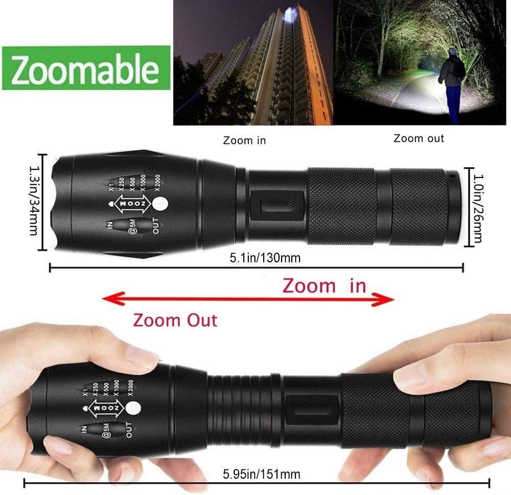 Erittäin kirkkaat taskulamput, 2000 lumenin LED-taktinen taskulamppu, zoomattava säädettävä tarkennus, IP65 vedenkestävä, kannettava, 5 valotilaa sisä- ja ulkokäyttöön, retkeilyyn, hätätilanteisiin, retkeilyyn (1 pakkaus sisältää yhden 18650 akun ja latur hinta ja tiedot | Taskulamput ja valonheittimet | hobbyhall.fi