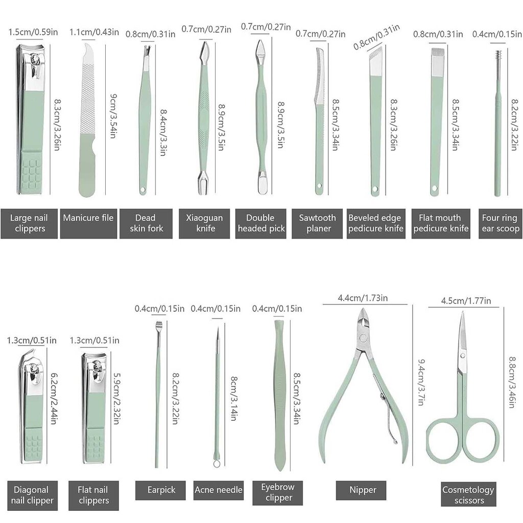 16 kpl manikyyrisetti Professional Nail Clippers pedikyyrisetti, vihreä hinta ja tiedot | Manikyyri- ja pedikyyritarvikkeet | hobbyhall.fi