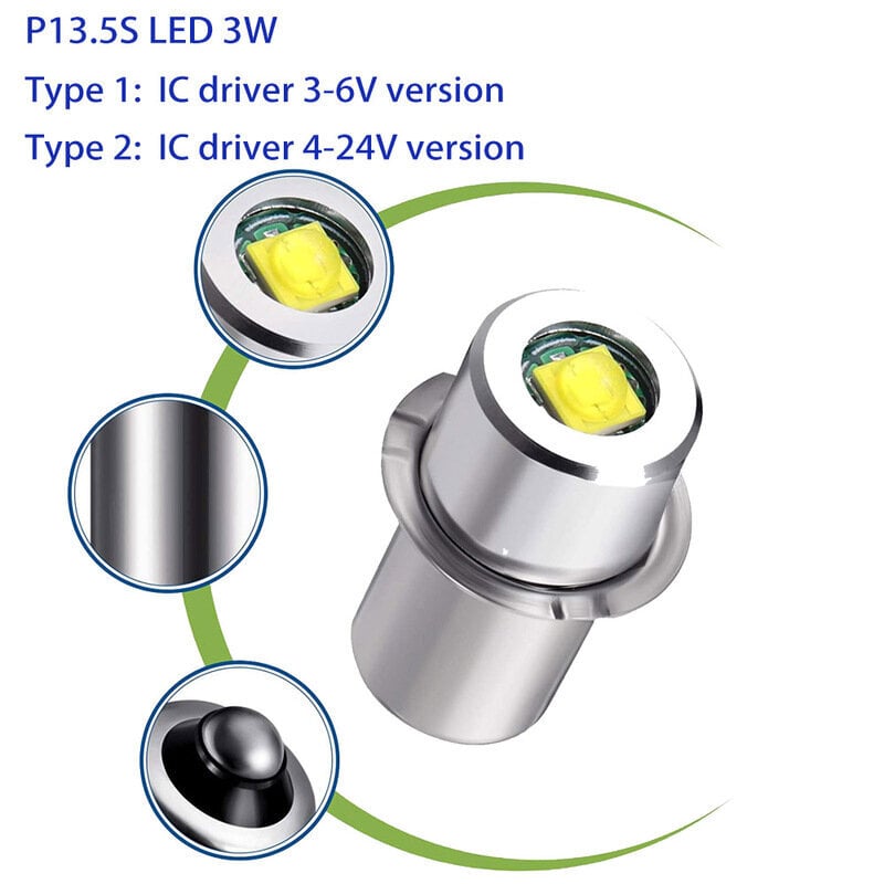 (P13.5S 3W (4-24V)-1 kpl Erä)P13.5S Mag Light LED-lamppu 3-16 C&D Cells Maglite taskulamppu LED-muunnin 3V 4.5V 6V 9V 12V 18V 24V valkoinen hinta ja tiedot | Polttimot | hobbyhall.fi