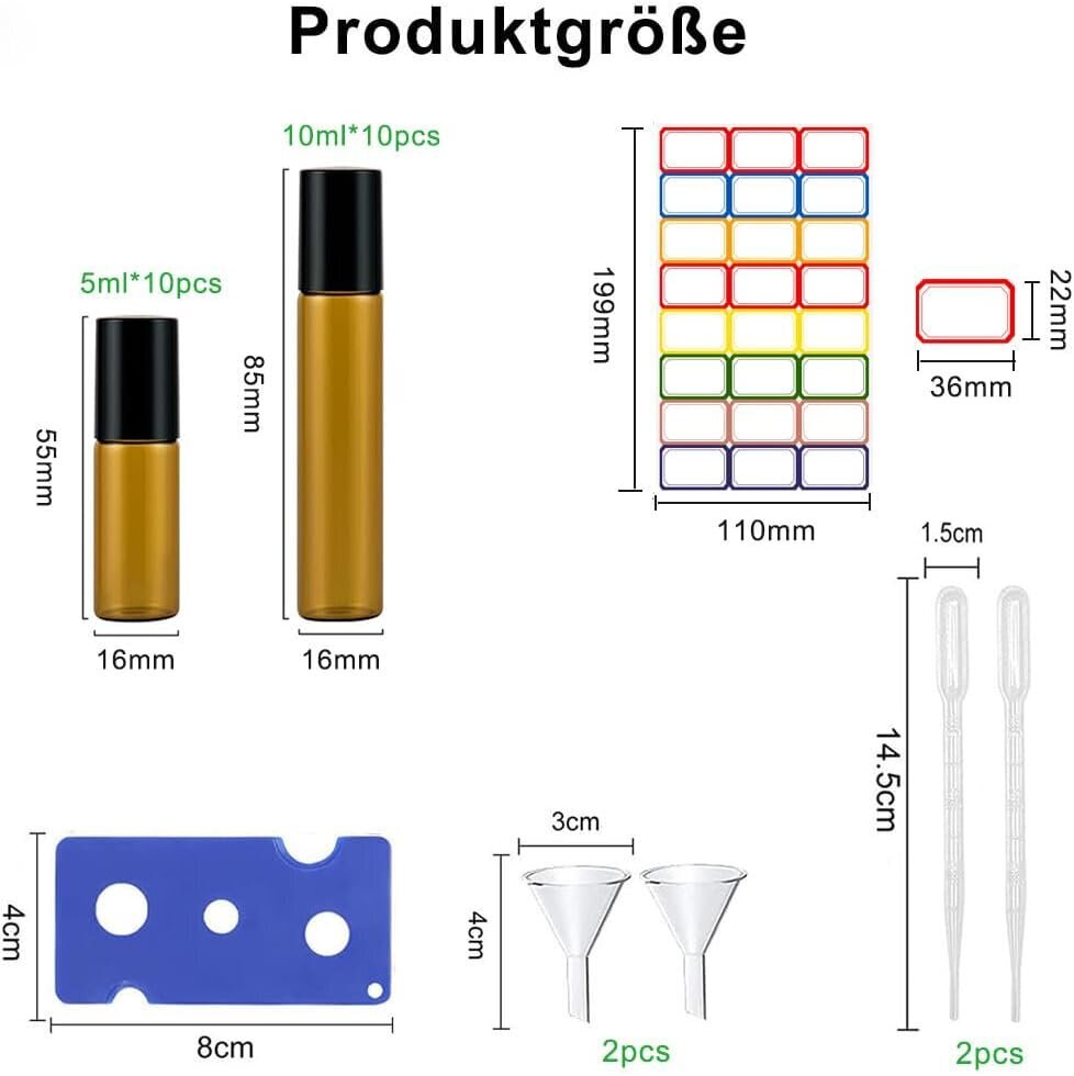 Edelstahl Rullapullot eteerisille öljyille, 5 ml / 10 ml, 20 kpl hinta ja tiedot | Kosmetiikkalaukut ja peilit | hobbyhall.fi