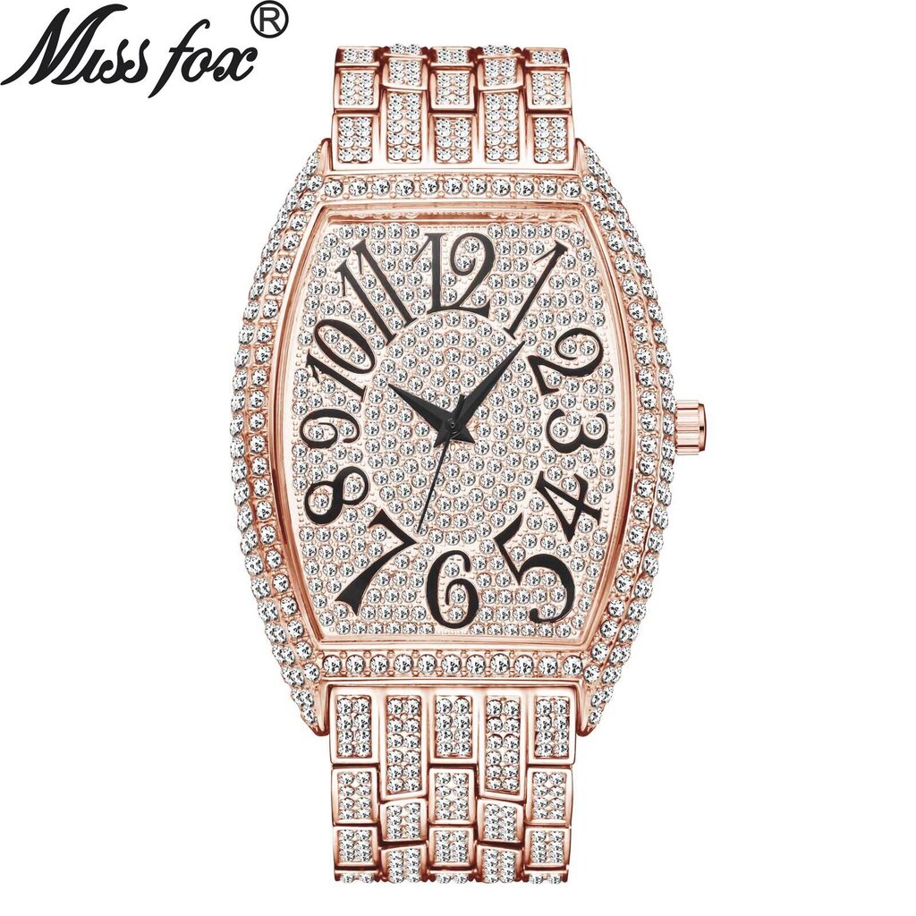 Missfox Kello Fashion Diamond Tonneau Full Diamond Large Dial Quartz Miesten Kello hinta ja tiedot | Miesten kellot | hobbyhall.fi