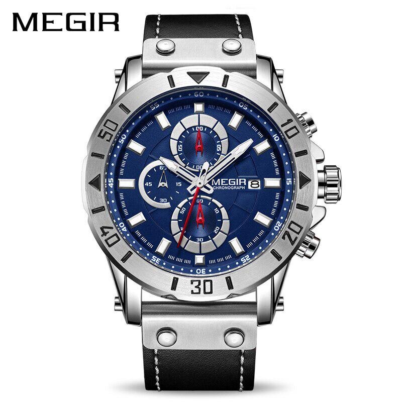 Musta Chronograph Quartz Kellot Miehille Huippumerkki Luxury Megir Blue Miesten Urheilukello Kello Tuntiaika hinta ja tiedot | Miesten kellot | hobbyhall.fi