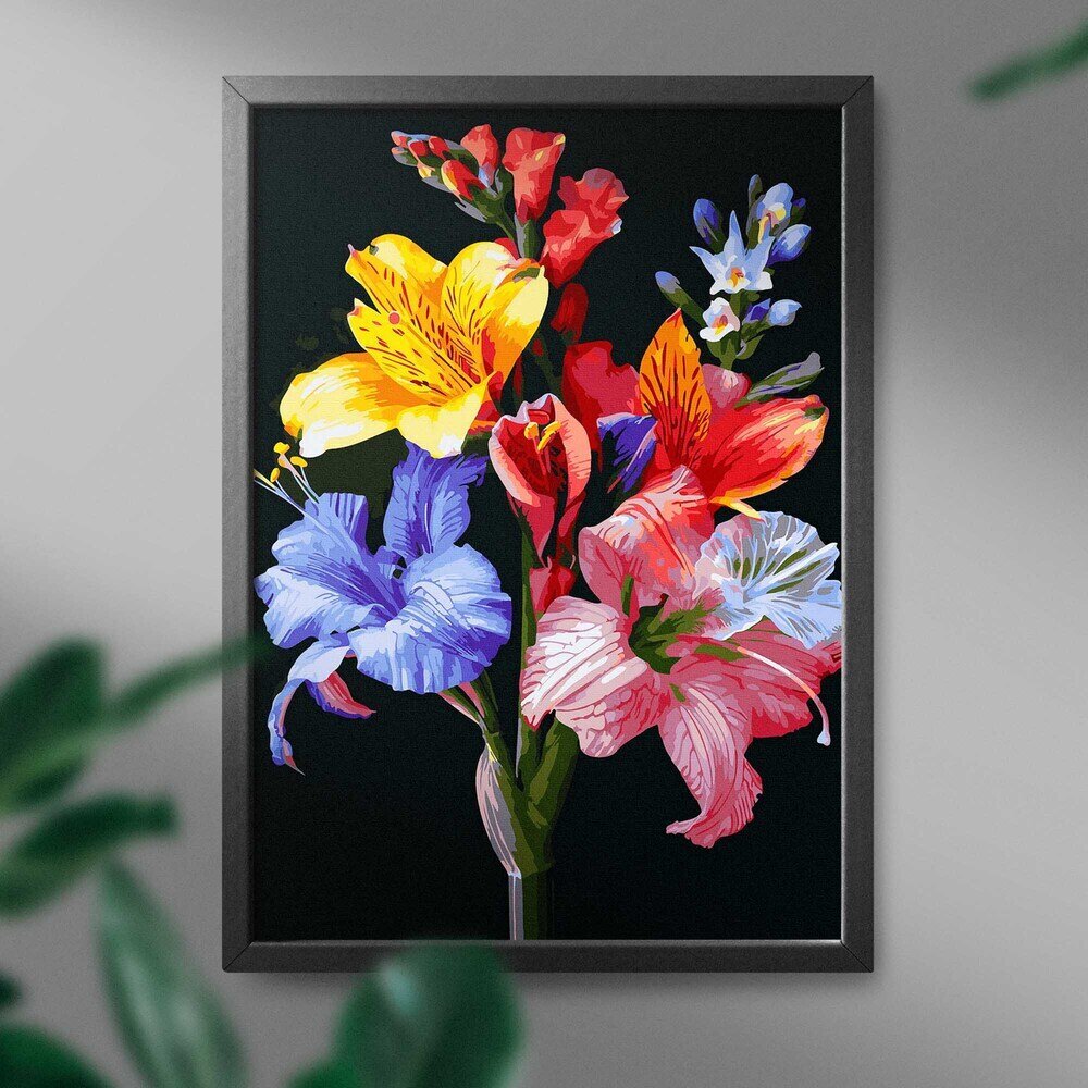 Maalaa numeroiden mukaan MUSTALLE KANKAALLE, kehystettynä Oh Art!, Kukkia "Värillisiä liljoja" 40x50 cm hinta ja tiedot | Maalaa numeroiden mukaan | hobbyhall.fi