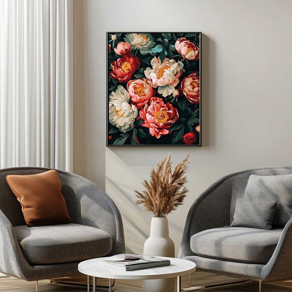 Maalaa numeroiden mukaan MUSTALLE KANKAALLE, kehystettynä Oh Art!, Kukkia "Kukkivat pionit" 40x50 cm hinta ja tiedot | Maalaa numeroiden mukaan | hobbyhall.fi