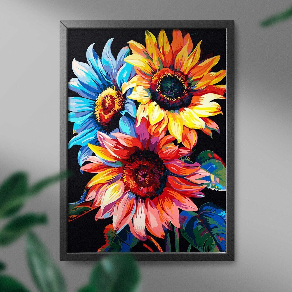 Maalaa numeroiden mukaan MUSTALLE KANKAALLE, kehystettynä Oh Art!, Kukkia "Kirkkaat auringonkukat" 40x50 cm hinta ja tiedot | Maalaa numeroiden mukaan | hobbyhall.fi