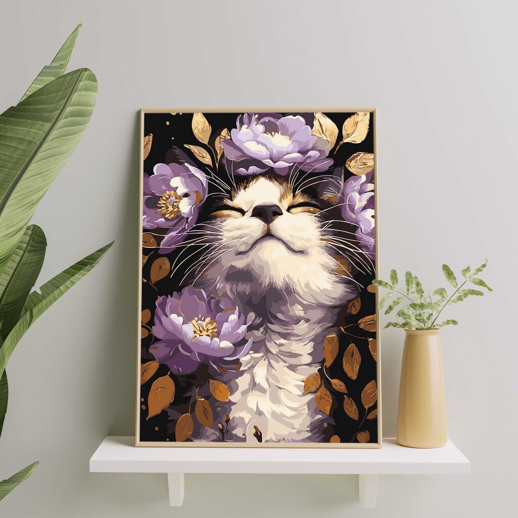 Maalaa numeroiden mukaan kultaisella hohtavalla maalilla MUSTALLE KANKAALLE, kehystettynä Oh Art!, Eläimet "Kissa violeteissa kukissa" 40x50 cm hinta ja tiedot | Maalaa numeroiden mukaan | hobbyhall.fi