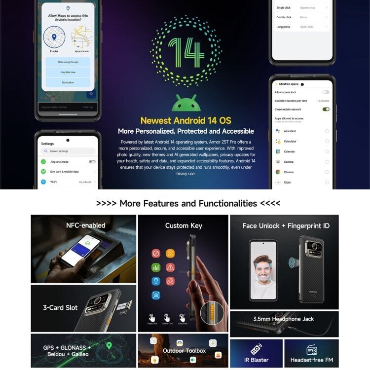 Ulefone Armor 25T Pro kestävä puhelin, 6 Gt + 256 Gt, lämpökuvaus, 6,78 tuuman Android 14 MediaTek Dimensity 6300 Octa Core, verkko: 5G, NFC (Frost Black) hinta ja tiedot | Matkapuhelimet | hobbyhall.fi