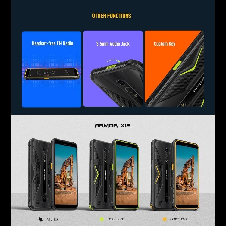 Ulefone Armor X12, 3 Gt + 32 Gt, kestävä puhelin, Face Unlock, 5,45 tuuman Android 13 Go MediaTek Helio A22 Quad Core, Verkko: 4G, NFC (Orange) hinta ja tiedot | Matkapuhelimet | hobbyhall.fi