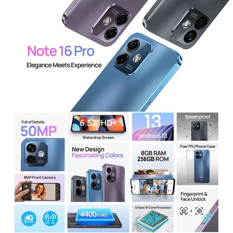 Ulefone Note 16 Pro, 8 Gt + 512 Gt, kaksoistakakamerat, Face ID & Side Sormenjälkitunnistus, 4400 mAh akku, 6,52 tuuman Android 13 Unisoc T606 Octa Core jopa 1,6 GHz, Verkko: 4G, Dual SIM, OTG (Bla SIMck) hinta ja tiedot | Matkapuhelimet | hobbyhall.fi