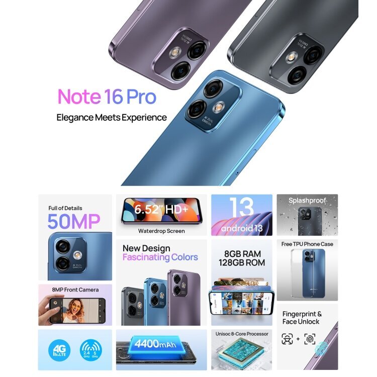 Ulefone Note 16 Pro, 8 Gt + 512 Gt, kaksoistakakamerat, Face ID & Side Sormenjälkitunnistus, 4400 mAh akku, 6,52 tuuman Android 13 Unisoc T606 Octa Core jopa 1,6 GHz, Verkko: 4G, Dual SIM, OTG (Bla SIMck) hinta ja tiedot | Matkapuhelimet | hobbyhall.fi