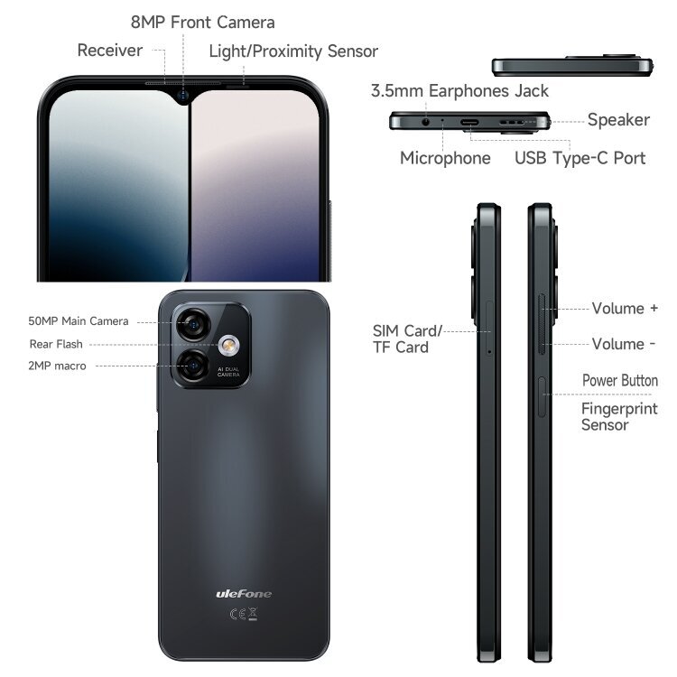 Ulefone Note 16 Pro, 8 Gt + 512 Gt, kaksoistakakamerat, Face ID & Side Sormenjälkitunnistus, 4400 mAh akku, 6,52 tuuman Android 13 Unisoc T606 Octa Core jopa 1,6 GHz, Verkko: 4G, Dual SIM, OTG (Bla SIMck) hinta ja tiedot | Matkapuhelimet | hobbyhall.fi