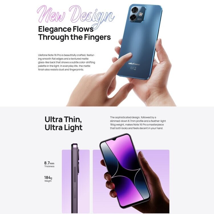 Ulefone Note 16 Pro, 8 Gt + 512 Gt, kaksoistakakamerat, Face ID & Side Sormenjälkitunnistus, 4400 mAh akku, 6,52 tuuman Android 13 Unisoc T606 Octa Core jopa 1,6 GHz, Verkko: 4G, Dual SIM, OTG (Bla SIMck) hinta ja tiedot | Matkapuhelimet | hobbyhall.fi