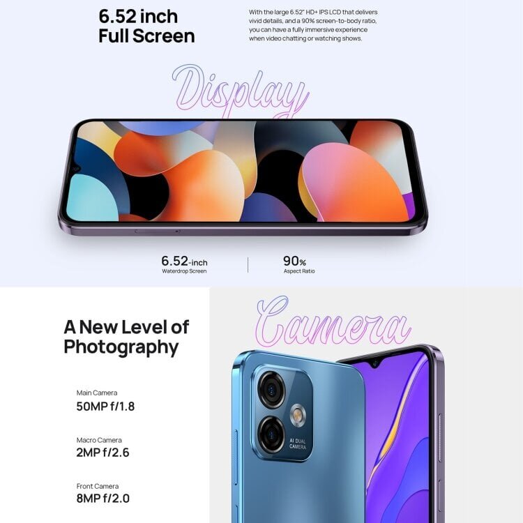 Ulefone Note 16 Pro, 8 Gt + 512 Gt, kaksoistakakamerat, Face ID & Side Sormenjälkitunnistus, 4400 mAh akku, 6,52 tuuman Android 13 Unisoc T606 Octa Core jopa 1,6 GHz, Verkko: 4G, Dual SIM, OTG (Bla SIMck) hinta ja tiedot | Matkapuhelimet | hobbyhall.fi