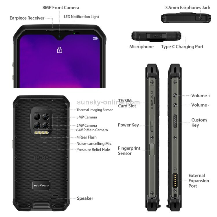 Ulefone Armor 9:n kestävä puhelin, lämpökamera, 8 Gt + 128 Gt, kolminkertaiset takakamerat, IP68/IP69K vedenpitävä pölytiivis iskunkestävä, kasvotunniste ja sormenjälkitunnistus, 6 600 mAh akku, 6,3 tuuman Android 10.0 Helio P90 Oct6-7core 6.0-7-bittinen  hinta ja tiedot | Matkapuhelimet | hobbyhall.fi