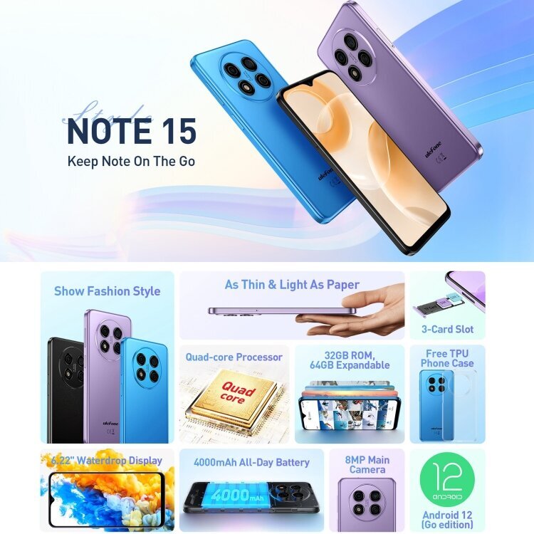 Ulefone Note 15, 2 Gt + 32 Gt, Face ID-tunnistus, 6,22 tuuman Android 12 GO MediaTek MT6580 Neliytiminen jopa 1,3 GHz, Verkko: 3G, Dual SIM (violetti) hinta ja tiedot | Matkapuhelimet | hobbyhall.fi