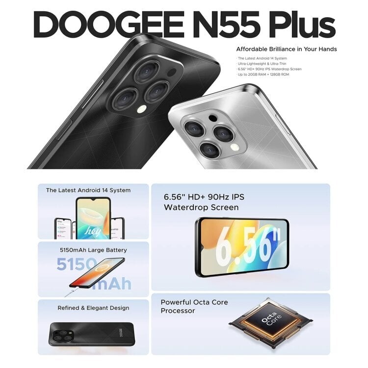 DOOGEE N55 Plus, 8 Gt + 128 Gt, 6,56 tuuman Android 14 Spreadtrum T606 Octa Core, Verkko: 4G, OTG (hopea) hinta ja tiedot | Matkapuhelimet | hobbyhall.fi