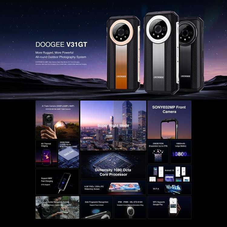 DOOGEE V31GT, 12 Gt + 256 Gt, lämpökamera, sivusormenjälki, 10 800 mAh akku, 6,58 tuuman Android 13 Dimensity 1080 Octa Core, verkko: 5G, OTG, NFC, Google Payn tuki (musta) hinta ja tiedot | Matkapuhelimet | hobbyhall.fi