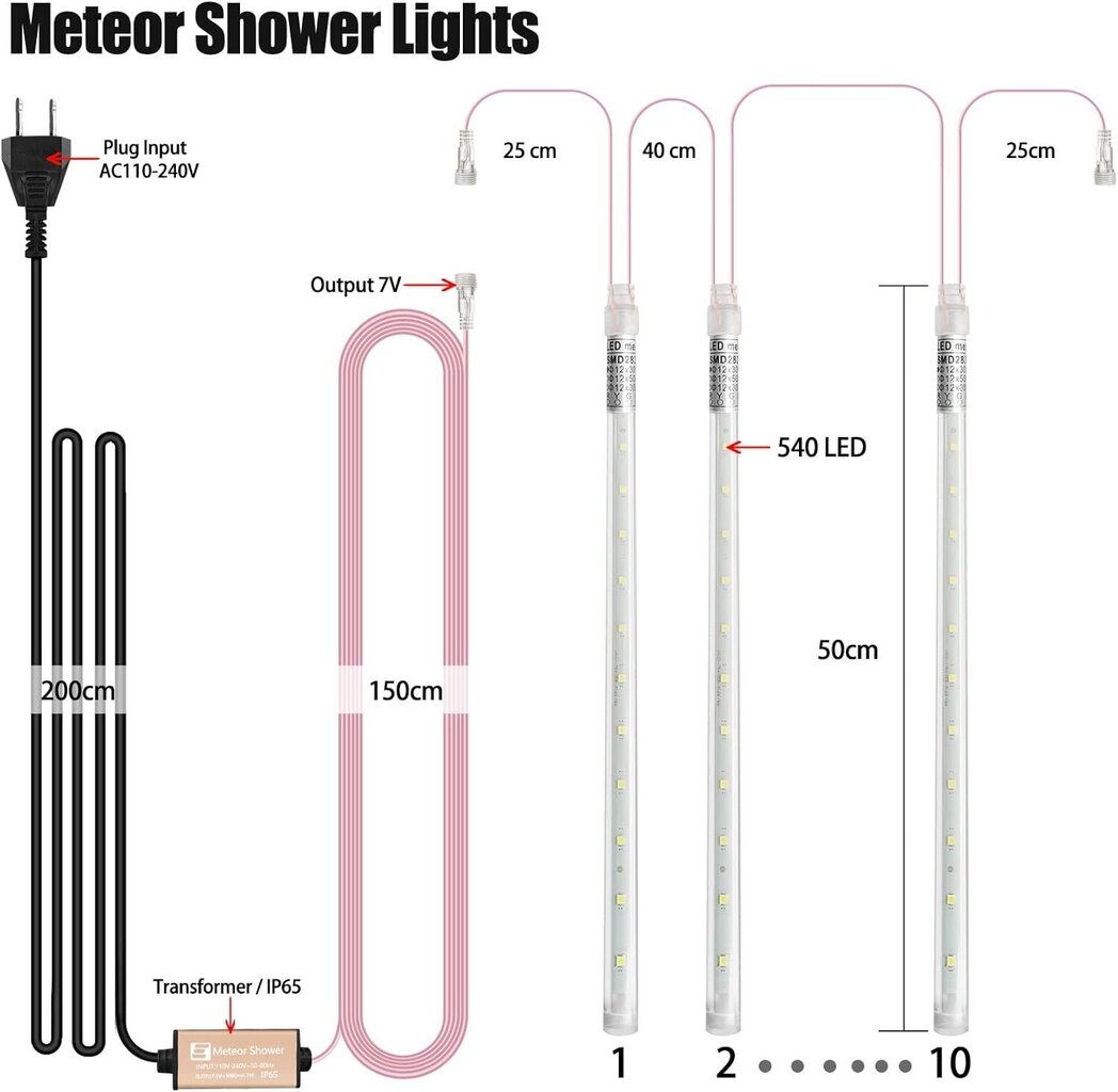 Aneeway LED-lamput, meteorisuihku, 10 kpl, 50 cm, lämmin valkoinen hinta ja tiedot | Puutarha- ja ulkovalot | hobbyhall.fi