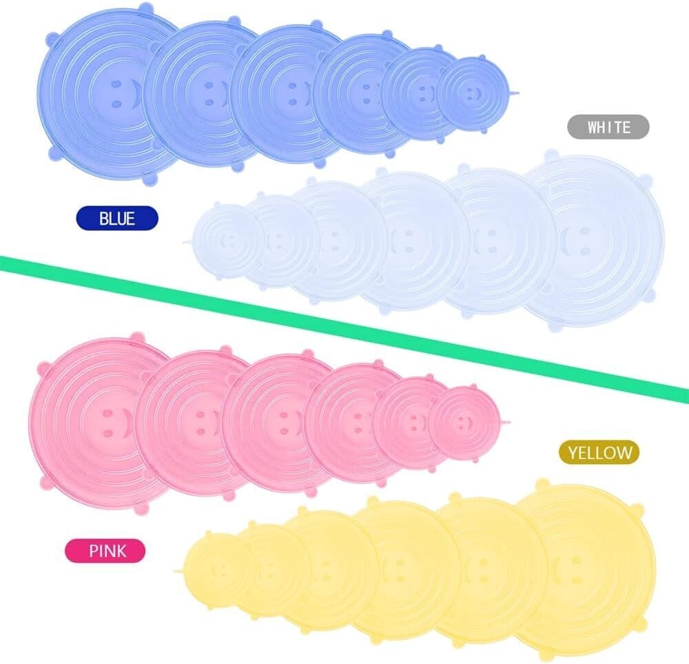 12-osainen silikoninen joustava kansisarja, 6 kokoa, uudelleenkäytettävät ruoan säilytyskannet, silikonikulhojen kannet, joustavat kaikenmuotoisiin astioihin, ruokakannet pitämään ruoan tuoreena (sininen, vaaleanpunainen) hinta ja tiedot | Keittiövälineet | hobbyhall.fi