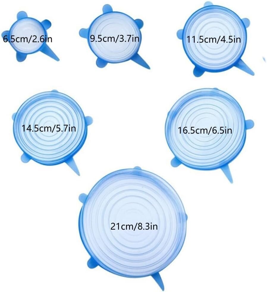 12-osainen silikoninen joustava kansisarja, 6 kokoa, uudelleenkäytettävät ruoan säilytyskannet, silikonikulhojen kannet, joustavat kaikenmuotoisiin astioihin, ruokakannet pitämään ruoan tuoreena (sininen, valkoinen) hinta ja tiedot | Keittiövälineet | hobbyhall.fi