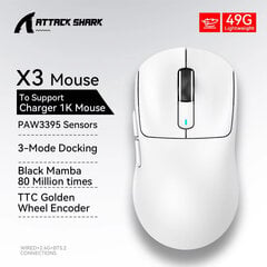 X3 Gaming Mouse Wireless ATTACK SHARK White Color 4K Returns,Bluetooth Tri-Mode Connection,PAW3395,Macro Bluetooth Mouse Gaming hinta ja tiedot | Hiiret | hobbyhall.fi