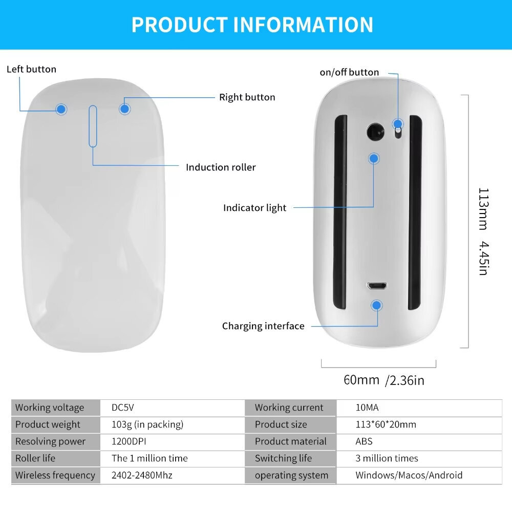 Valkoinen langaton Bluetooth Magic Mouse Hiljainen ladattava lasertietokonehiiri Ohut Ergonominen PC-hiiri Apple Macbookille Microsoft hinta ja tiedot | Hiiret | hobbyhall.fi